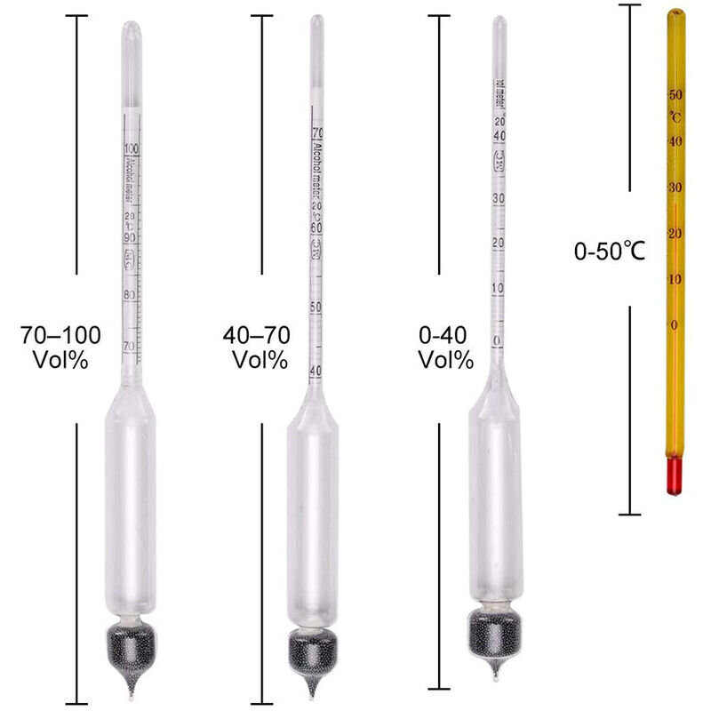 3kpl Alkoholimittari lämpömittarilla Alkoholimittari Alkoholipitoisuus 0-40, 40-70, 70-100 Vol% Hydrometri väkeville alkoholitisleille Viski Brandy Vodka hinta ja tiedot | Muut huonekalutarvikkeet | hobbyhall.fi