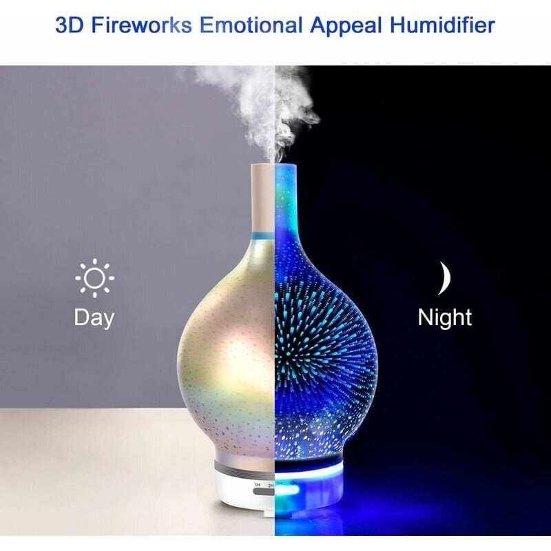 Ultraääninen aromaterapiakostutin 3D Fireworks Glass eteeristen öljyjen aromadiffusorilla - 7 väriä vaihtavaa LED-valoa, edistää unta (120 ml) hinta ja tiedot | Muut huonekalutarvikkeet | hobbyhall.fi