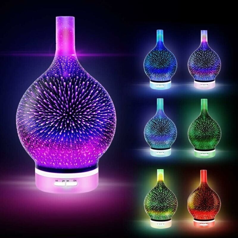 Ultraääninen aromaterapiakostutin 3D Fireworks Glass eteeristen öljyjen aromadiffusorilla - 7 väriä vaihtavaa LED-valoa, edistää unta (120 ml) hinta ja tiedot | Muut huonekalutarvikkeet | hobbyhall.fi