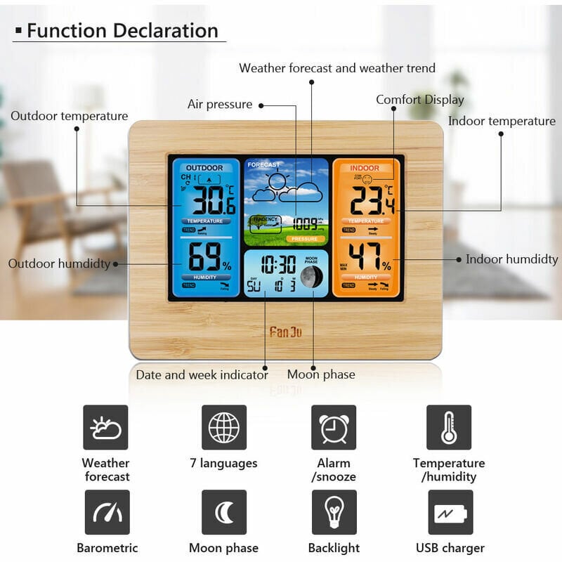 Monitoiminen langaton sääasemakello sisä- ja ulkolämpötilan kosteusmittarilla, varustettu ulkoanturilla ja USB-virtakaapelilla, bambupinta. hinta ja tiedot | Muut huonekalutarvikkeet | hobbyhall.fi