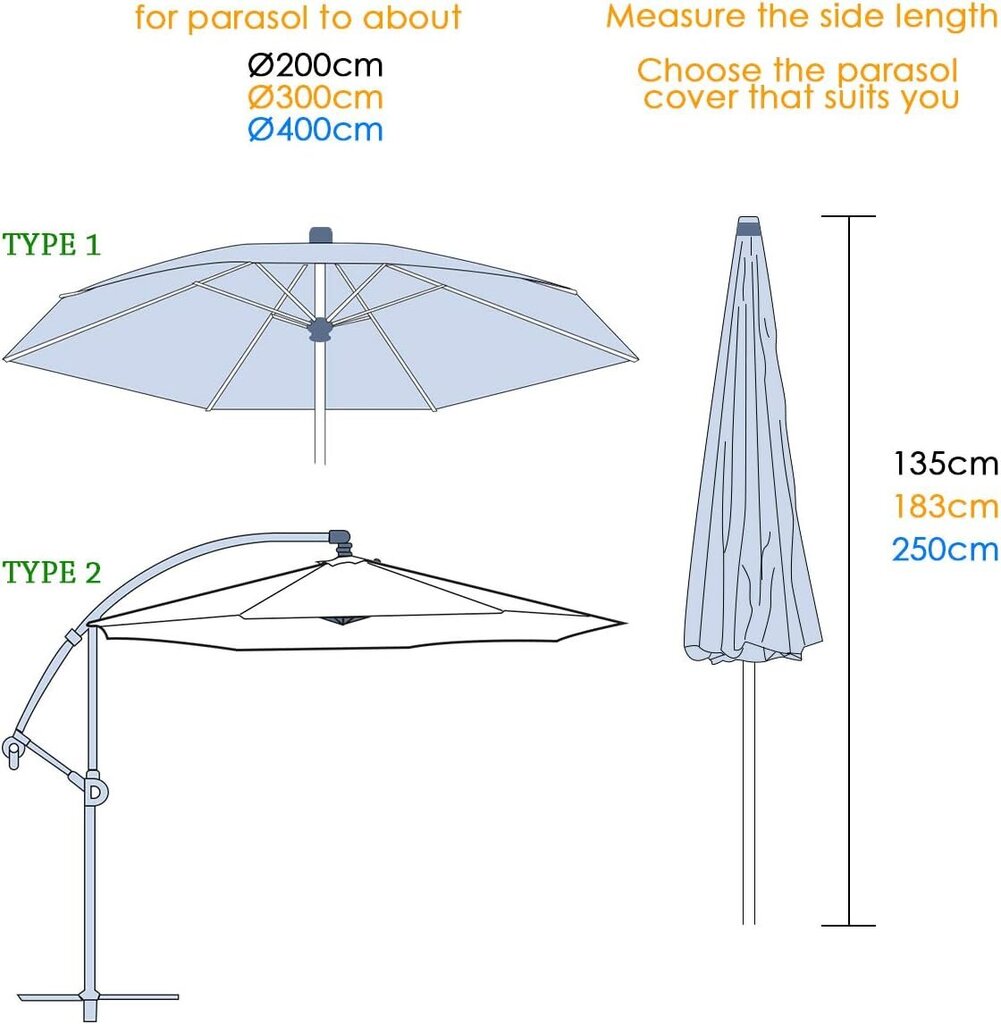 Ulkoilu päivänvarjon suoja 420D Oxford puutarha sateenvarjon suojus sateenvarjon suojus vedenpitävä pölynkestävä / UV / säänkestävä 265 * 40 * 70 cm suuri hinta ja tiedot | Pöytälevyt | hobbyhall.fi