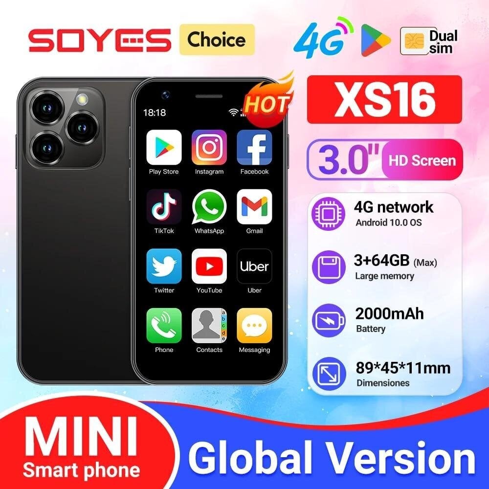 XS16 Mini 4G LTE Android10.0 Älypuhelin 3 Gt RAM 64 Gt ROM 3&quot; näyttö 5MP kamera Dual SIM Play Kaupan WhatsAPP kanssa hinta ja tiedot | Matkapuhelimet | hobbyhall.fi