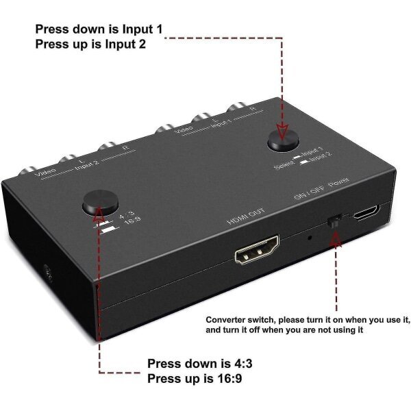 2-porttinen Av-HDMI-muunnin Dual Av-HDMI-sovitin Rca-HDMI-sovittimen tuki 16:9/4:3 Yhteensopiva Wii-, N64-, Ps2-, Vhs-, VCR-Dvd-soittimen jne. hinta ja tiedot | Kaapelit ja adapterit | hobbyhall.fi