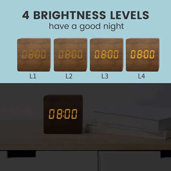 Tummanruskea puinen digitaalinen herätyskello, LED aamuherätyskello digitaalikello päivämäärällä, lämpötilanäyttö, 3 hälytystä, 4 kirkkaustasoa, paristo tai U... hinta ja tiedot | Kelloradiot ja herätyskellot | hobbyhall.fi