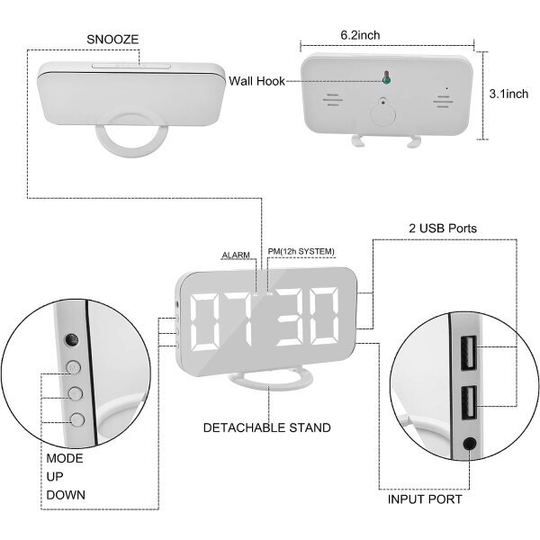Digitaalikellon iso näyttö, LED-sähköherätyskellon meikkipeilipinta himmennyksellä, 3 kirkkaustasoa, kaksi USB-porttia, moderni sisustus... hinta ja tiedot | Kelloradiot ja herätyskellot | hobbyhall.fi