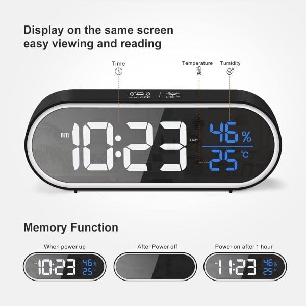Digitaalinen herätyskello, suuri LED-näyttö, kosteuslämpötilan näyttö, USB-ladattava kaksoisherätyskello, 5 erilaista kirkkautta, Smart Voice-Black hinta ja tiedot | Kelloradiot ja herätyskellot | hobbyhall.fi