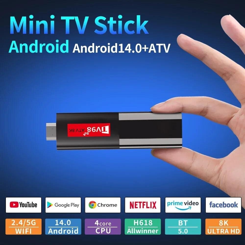 TV98 ATV 8K Smart TV Stick Android 14 ATV Allwinner H618 4G 5G Wifi Tuki OTA 8K HD Player BT5.0 2GB 16GB Äänikauko-TV Box hinta ja tiedot | TV-virittimet | hobbyhall.fi