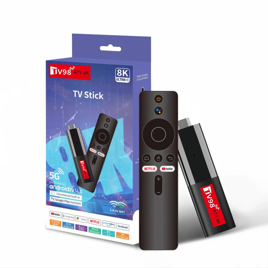 TV98 ATV 8K Smart TV Stick Android 14 ATV Allwinner H618 4G 5G Wifi Tuki OTA 8K HD Player BT5.0 2GB 16GB Äänikauko-TV Box hinta ja tiedot | TV-virittimet | hobbyhall.fi