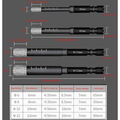 4 kpl timanttiporanteriä laatoille, keramiikka, posliinikivitavara, laatat, lasi, kivi, halkaisijat: 6 mm, 8 mm, 10 mm, 12 mm hinta ja tiedot | Käsityökalut | hobbyhall.fi