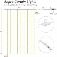 3m x 3m USB LED-verhovalaisin, 300 LEDiä ja 8 erilaista valokuviota, sopii juhliin, makuuhuoneisiin ja sisävalaistukseen, lämpimän valkoisena. hinta ja tiedot | Seinävalaisimet | hobbyhall.fi