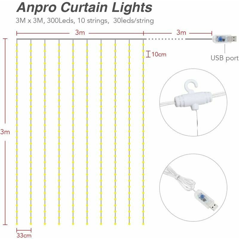 3m x 3m USB LED-verhovalaisin, 300 LEDiä ja 8 erilaista valokuviota, sopii juhliin, makuuhuoneisiin ja sisävalaistukseen, lämpimän valkoisena. hinta ja tiedot | Seinävalaisimet | hobbyhall.fi