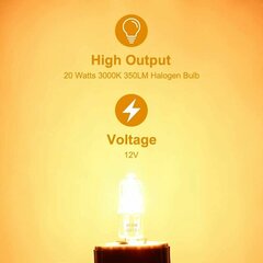 Sarja 10 kpl G4 halogeenilamppuja 12V ja 20W. Nämä polttimot lähettävät 3000K lämpimän valkoista valoa, joiden kirkkaus on 350 lumenia. Ne ovat himmennettäviä ja ulkonäöltään läpinäkyviä. hinta ja tiedot | Seinävalaisimet | hobbyhall.fi