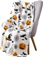 Haunted Halloween -fleece-peitto: Hämähäkkiverkkojen noidanhattu musta lepakot ja koristellut kurpitsat painatus pehmeälle samettifleece-fleece-peitolle Valkoinen oranssi musta hinta ja tiedot | Peitot | hobbyhall.fi