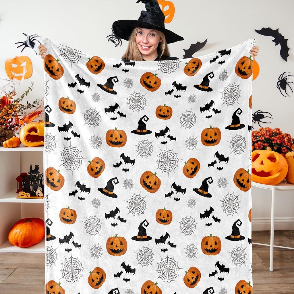 Halloween Fuzzy Peitto Kurpitsa Lepakko Hämähäkinverkko Noitahattu Söpö Peitto Halloween Pehmeä Viihtyisä Flanellipeitto Kotijuhliin Sängyn sohva sohva, 50 x 60 tuumaa Valkoinen hinta ja tiedot | Peitot | hobbyhall.fi