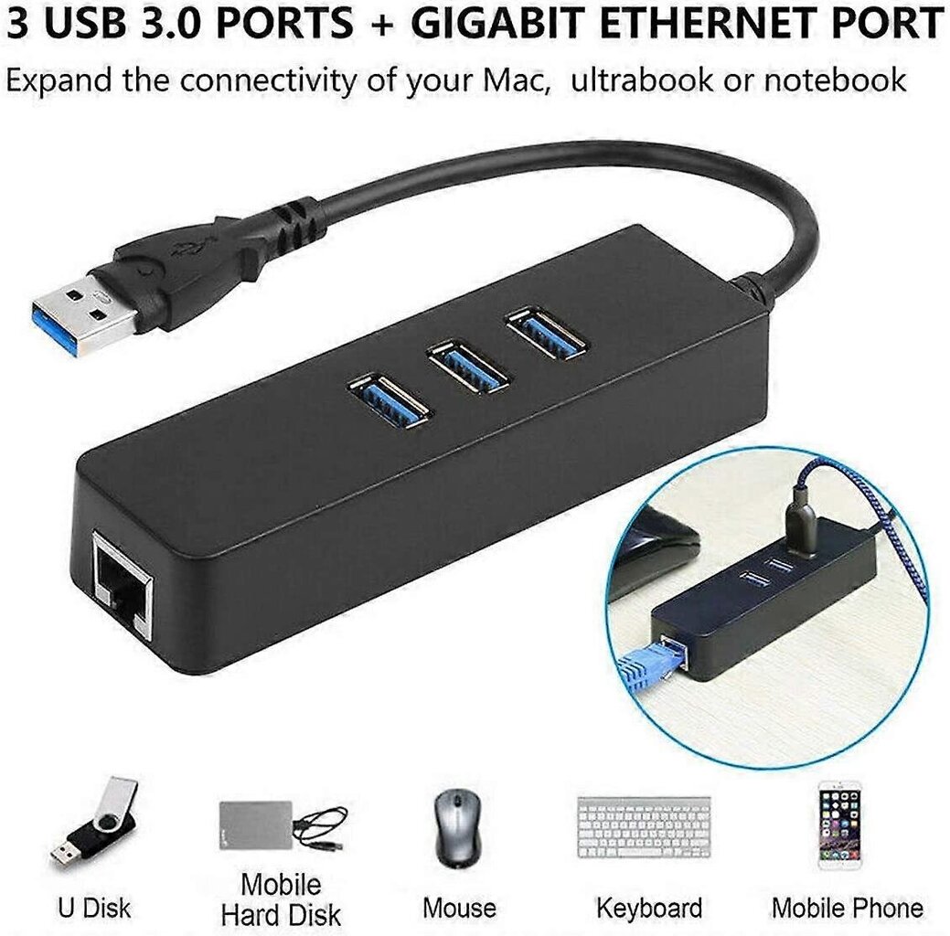 USB 3.0 -keskitin, 3-porttinen USB-keskitin RJ45 10/100/1000 Gigabit Ethernet -verkkosovittimella, muuntimen langallinen USB-verkkosovitin Ultrabookeille, kannettaville, T hinta ja tiedot | Adapterit | hobbyhall.fi