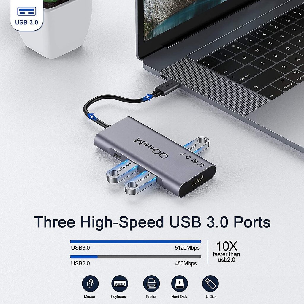 QGEEM QG-UH07-3 7-in-1 Type-C-telakointiasema Multi-Port USB-C Hub Tuki HD-yhteensopiva Chromebook Thunderbolt 3 hinta ja tiedot | Adapterit | hobbyhall.fi