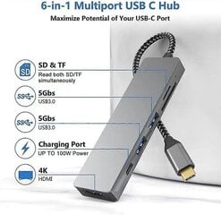 6 in 1 USB C -keskittimen moniporttisovittimet, mac-sovitin, 4k HDmi, 100 W pikalataus, USB-c ja 3 Usb-a 5gbps dataportti, USB 2.0 hinta ja tiedot | Adapterit | hobbyhall.fi