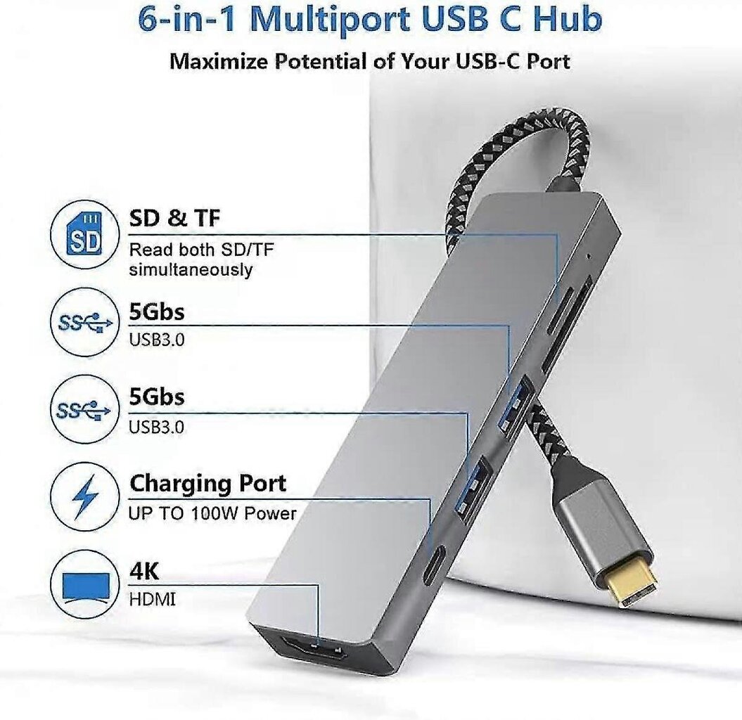 6 in 1 USB C -keskittimen moniporttisovittimet, mac-sovitin, 4k HDmi, 100 W pikalataus, USB-c ja 3 Usb-a 5gbps dataportti, USB 2.0 hinta ja tiedot | Adapterit | hobbyhall.fi