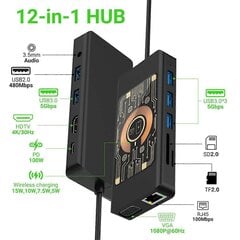 12 in 1 langaton latauskeskus USB-C-telakointiaseman kaksoisnäyttö, VGA, USB3.0/2.0, SD/TF, RJ45 100 hinta ja tiedot | Adapterit | hobbyhall.fi