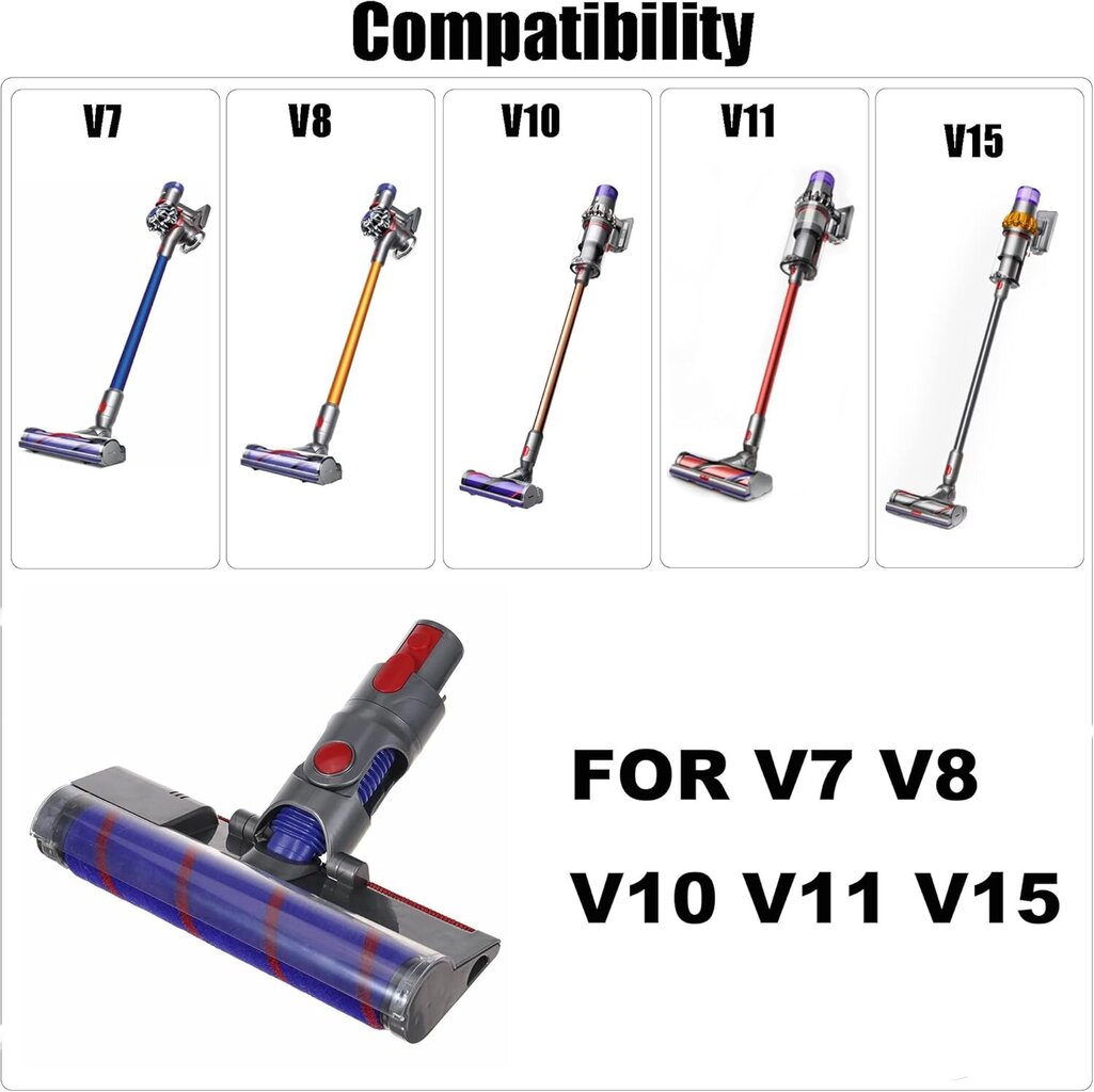 Turbo-sähkömoottorikäyttöinen pyöritysharja, yhteensopiva Dyson V7 V8 V10 V 11 V15 pikalukituksella pehmeällä telalla kovalle lattialle, parkettiharja laservalolla hinta ja tiedot | Pölynimureiden lisätarvikkeet | hobbyhall.fi