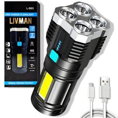 USB-ladattava LED-taskulamppu 4 valotilalla LIVMAN L-S03 hinta ja tiedot | Taskulamput ja valonheittimet | hobbyhall.fi