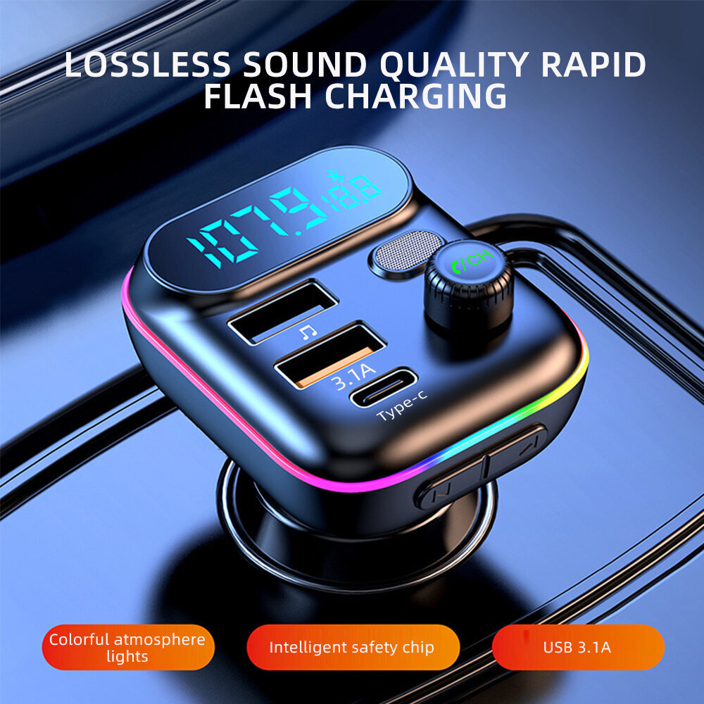 Autolaturi FM-lähetin pikalataus PD QC3.0 USB C -autopuhelinlaturi Type C -sovitin autossa iPhonelle Samsung Huawei Xiaomi hinta ja tiedot | Paristolaturit | hobbyhall.fi