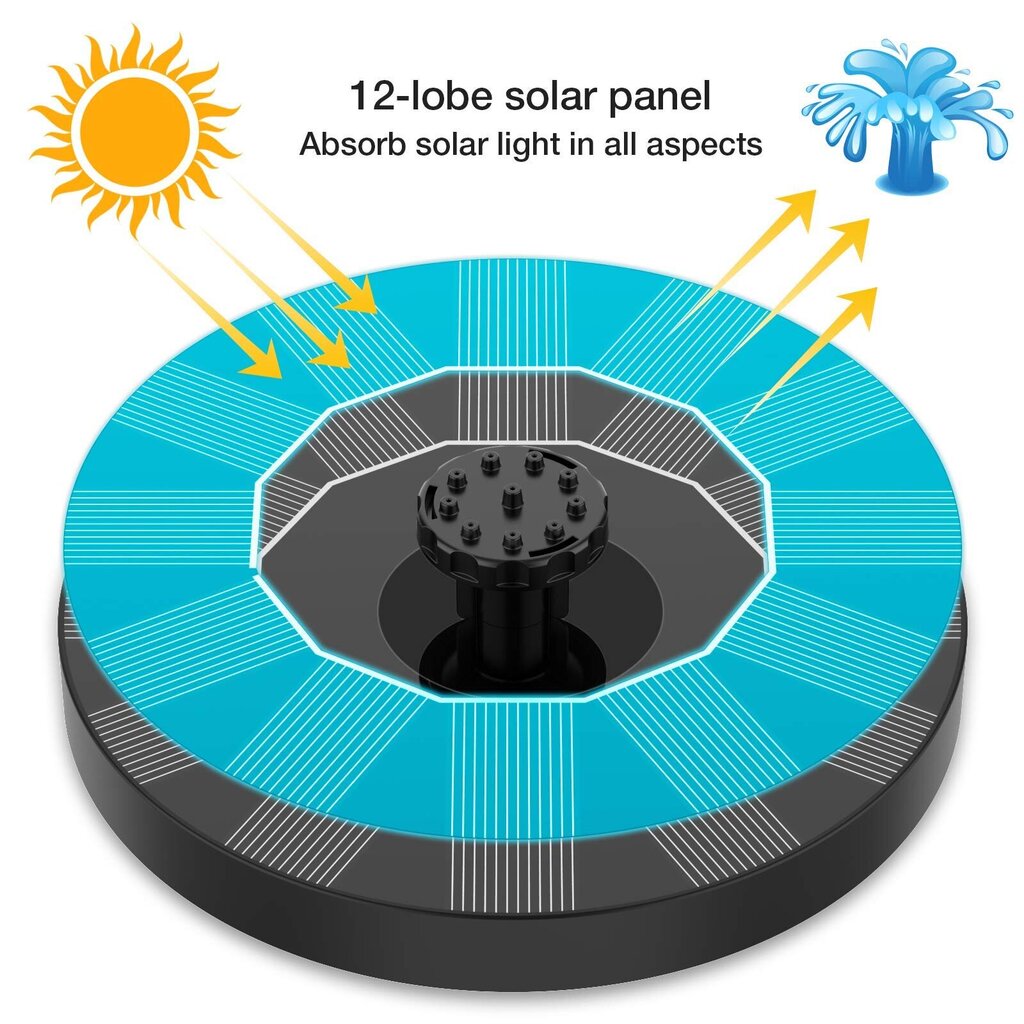 Aurinkosuihkulähdepumppu, aurinkoenergialla toimiva suihkulähde 6 suuttimella, kelluva aurinkolammen pumppu lintukylpyyn, puutarha, lampi, uima-allas ja akvaario, Y hinta ja tiedot | Puutarhapumput | hobbyhall.fi