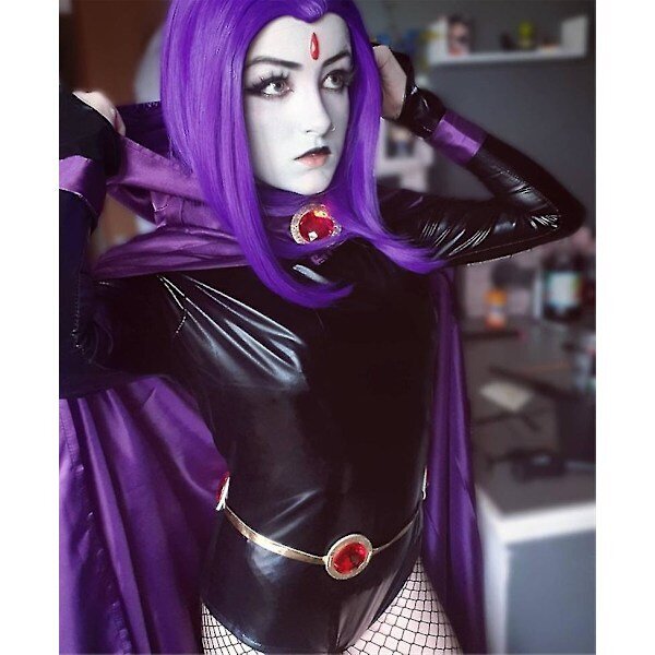 Teen Titans Raven Cosplay -asu Supersankari Viitta Haalari Zentai Halloween Tiukasti istuvat vaatteet + viitta + vyötärökoruketju - Koko puku koko... hinta ja tiedot | Korusetit | hobbyhall.fi