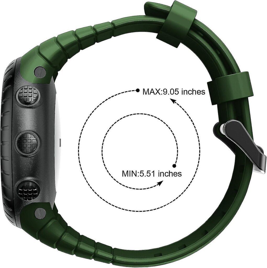 Suunto Core Strap Military Green, silikonikorvaushihna Suunto Core -älykellolle metallisoljella ja mustalla soljella, sopii 140mm-230mm hihnoihin hinta ja tiedot | Älykellojen ja aktiivisuusrannekkeiden lisätarvikkeet | hobbyhall.fi