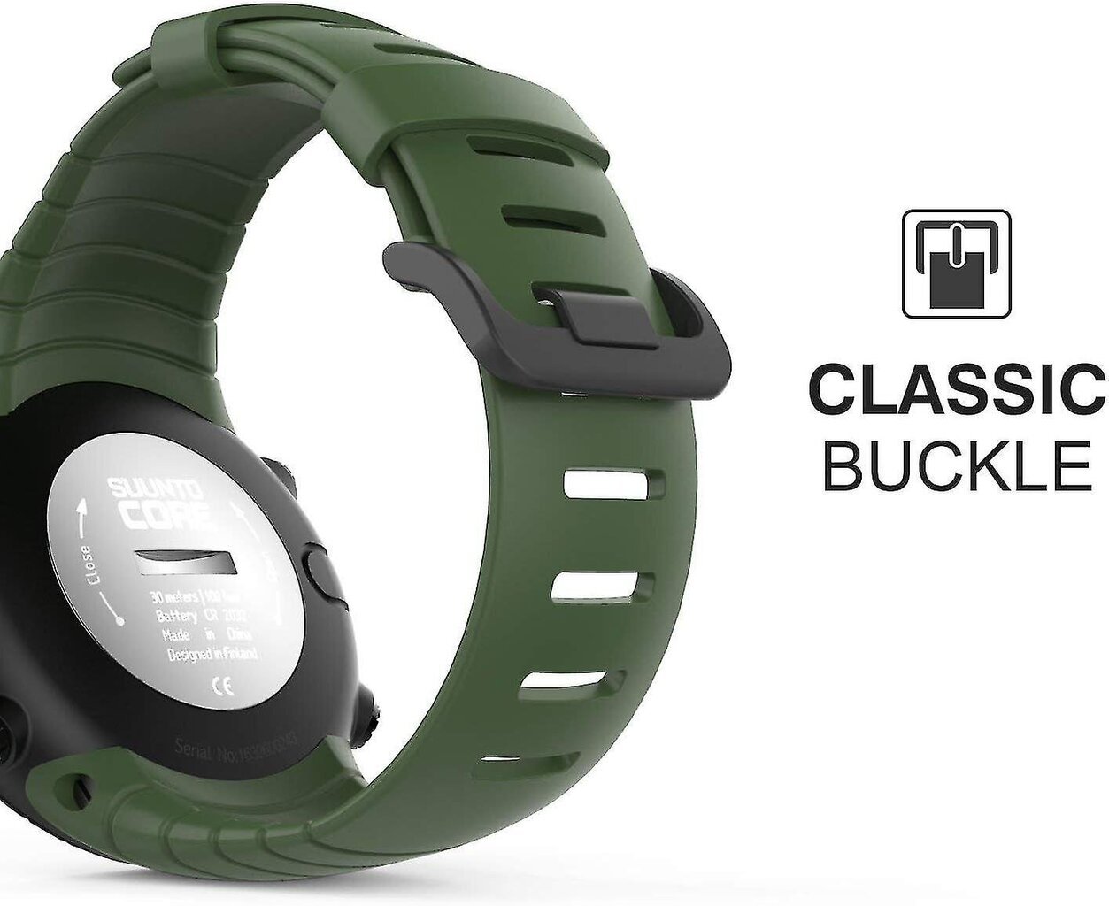 Suunto Core Strap Military Green, silikonikorvaushihna Suunto Core -älykellolle metallisoljella ja mustalla soljella, sopii 140mm-230mm hihnoihin hinta ja tiedot | Älykellojen ja aktiivisuusrannekkeiden lisätarvikkeet | hobbyhall.fi