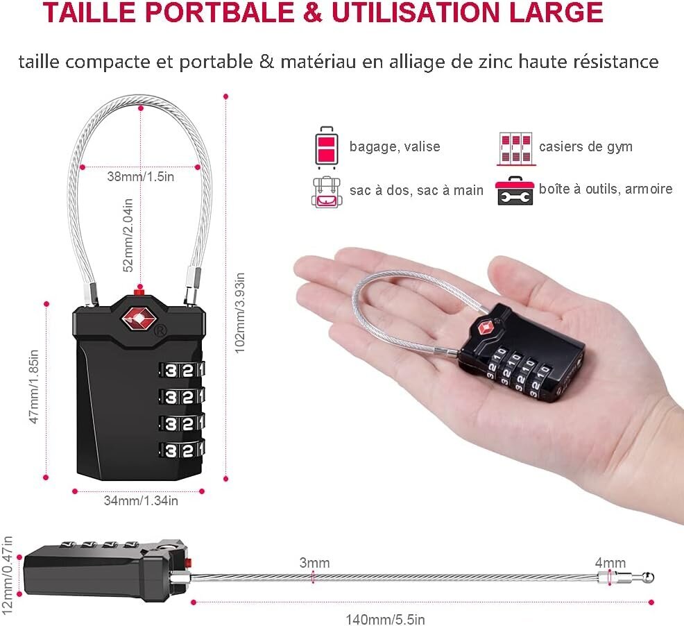 Matkalaukun riippulukko, TSA:n 4-numeroinen yhdistelmäriippulukko avautumishälyttimellä, kuntosalin kaapelilukko (2 kpl, musta) hinta ja tiedot | Oven saranat ja lisävarusteet | hobbyhall.fi