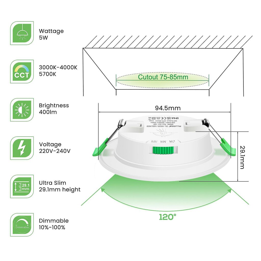 6-pakkaus 5w ultraohut himmennettävät LED-alasvalot Cct 75-85mm leikkaus nikkeliä hinta ja tiedot | Upotettavat valaisimet ja LED-valaisimet | hobbyhall.fi