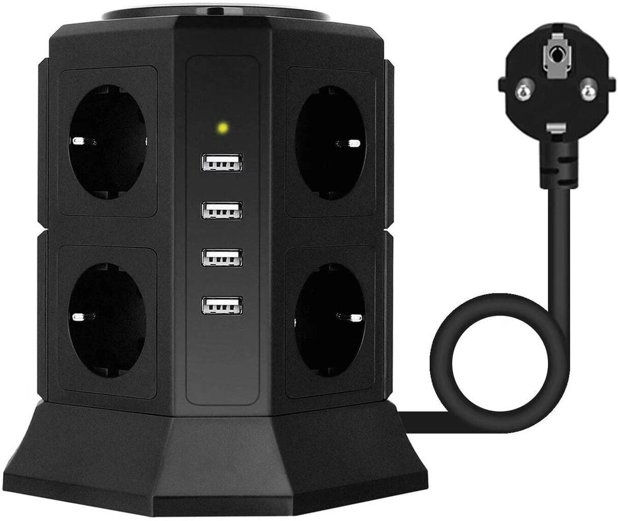 8-pistorasian Power Strip Tower (2500W/10A), 4 USB-latausporttia (5V/4.5A), ylijännitesuoja, musta hinta ja tiedot | Kytkimet ja pistorasiat | hobbyhall.fi