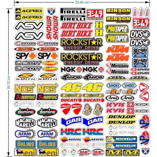 Moottoripyörä tarrat sponsorit 113 tarraa motocross grafiikka pyörä 36x33 cm hinta ja tiedot | Moottoripyörien lisätarvikkeet | hobbyhall.fi