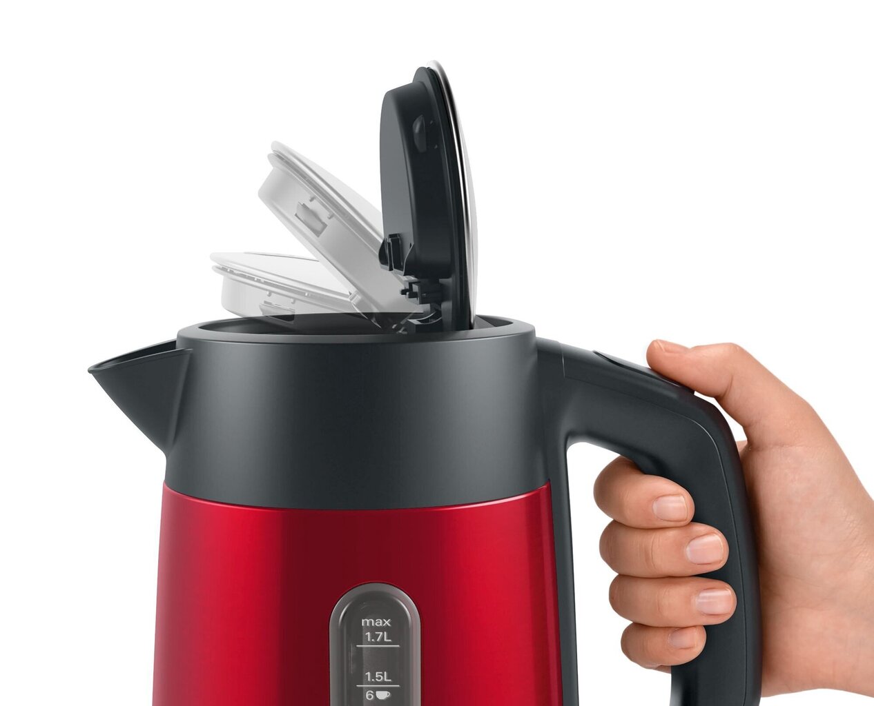 Bosch Kettle DesignLine TWK4P434 Electric, 2400 W, 1.7 L, Stainless steel, 360° rotational base, Red hinta ja tiedot | Vedenkeittimet | hobbyhall.fi