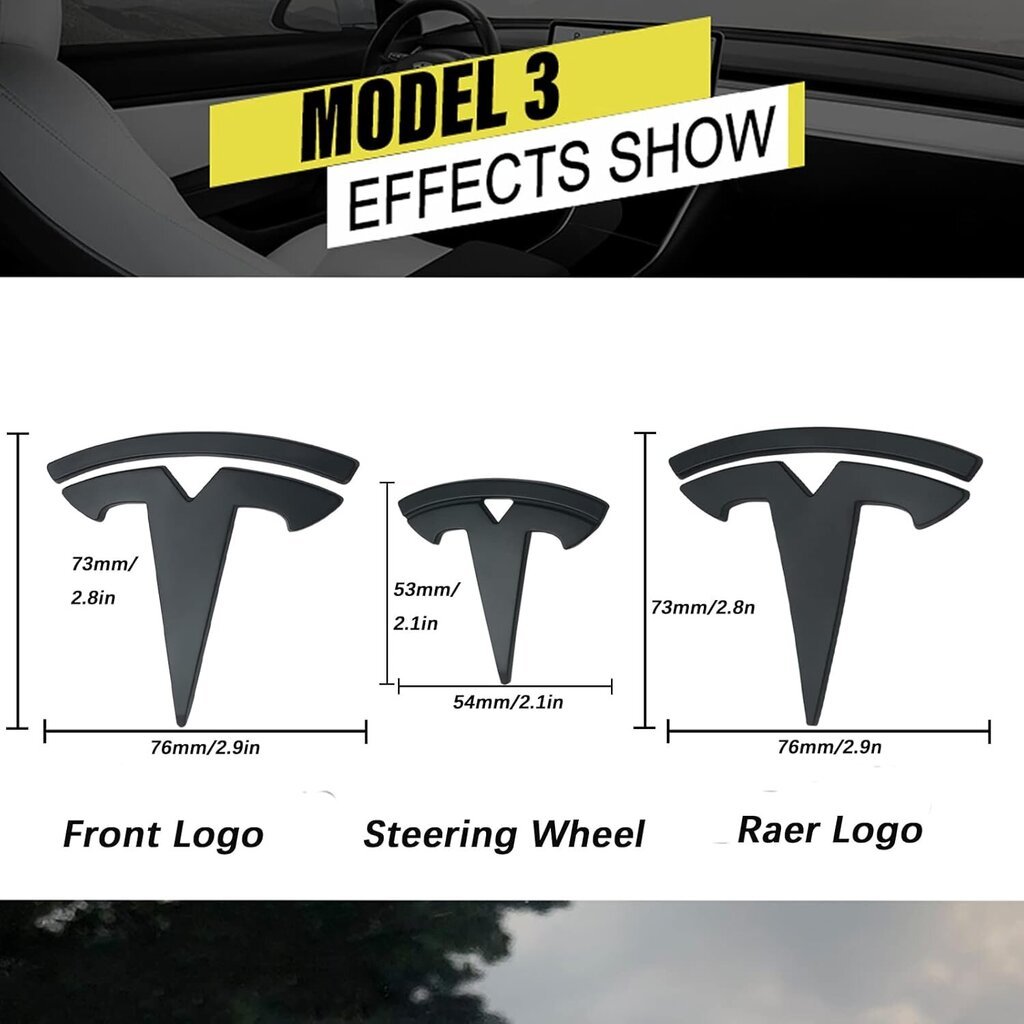 Kolmen pakkauksen Tesla Model 3 -auton ohjauspyörän logotarrat (mattamusta hinta ja tiedot | Sisustustarrat | hobbyhall.fi