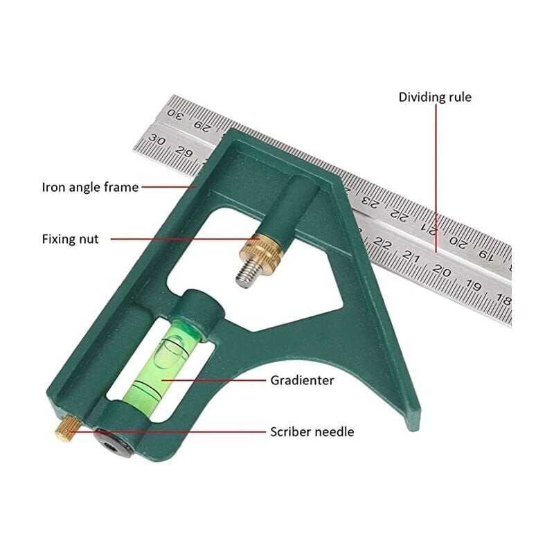 12 tuuman suorakulmainen viivain, neliön muotoinen yhdistelmä Universaali monitoiminen yhdistelmä ruostumattomasta teräksestä säädettävän oikean kulman viivaimen mittaustyökalut (vihreä) hinta ja tiedot | Käsityökalut | hobbyhall.fi