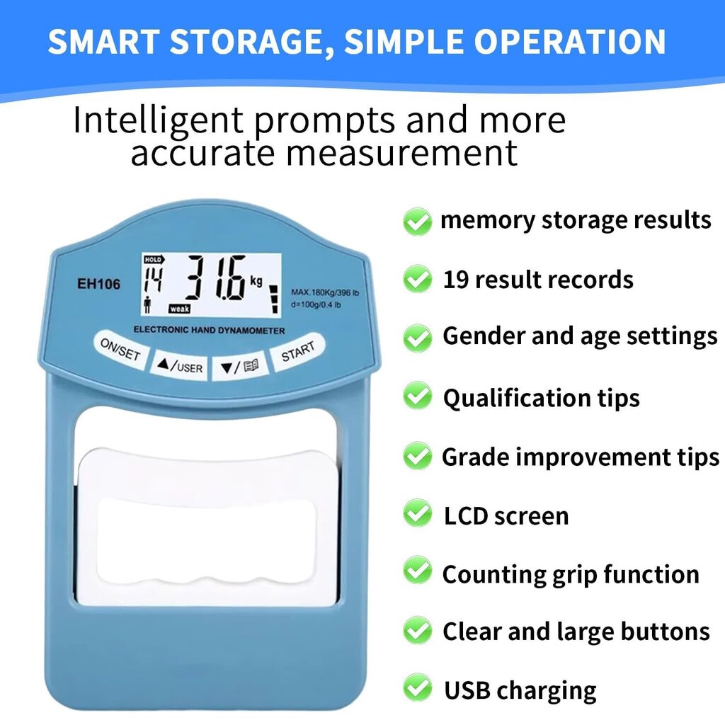 Elektroninen kädessä pidettävä dynamometri, 396lb/180kg dynamometri, digitaalinen kädessä pidettävä dynamometri, LED-näyttö, digitaalinen kädessä pidettävä dynamometri USB-latauskaapelilla hinta ja tiedot | Käsityökalut | hobbyhall.fi
