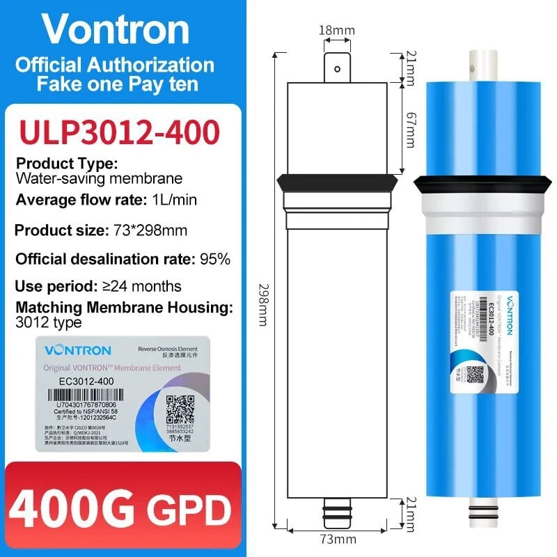 Vontron-RO kalvo 400 GPD, 3012-400 GPD, pesualtaan alla oleva kotitalouksien RO juomaveden puhdistusjärjestelmä hinta ja tiedot | Vedensuodattimet | hobbyhall.fi