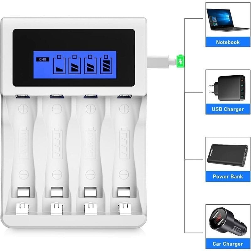 Pikalaturi, 4-paikkainen yleislaturi AA/AAA-akuille, 4 Ni-MH/Ni-CD-akulle (USB-portti) hinta ja tiedot | Auton akkulaturit | hobbyhall.fi