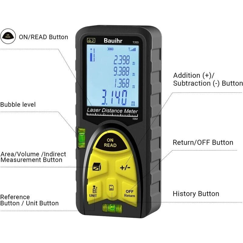 50 M lasermittauslaite, 165 jalan laseretäisyysmittari, kannettava kahvallinen digitaalinen mittaustyökalu kuplatavoilla, suuri taustavalaistu LCD-näyttö ja IP54-vesitiivis (sisältyy akun) hinta ja tiedot | Kameratarvikkeet | hobbyhall.fi