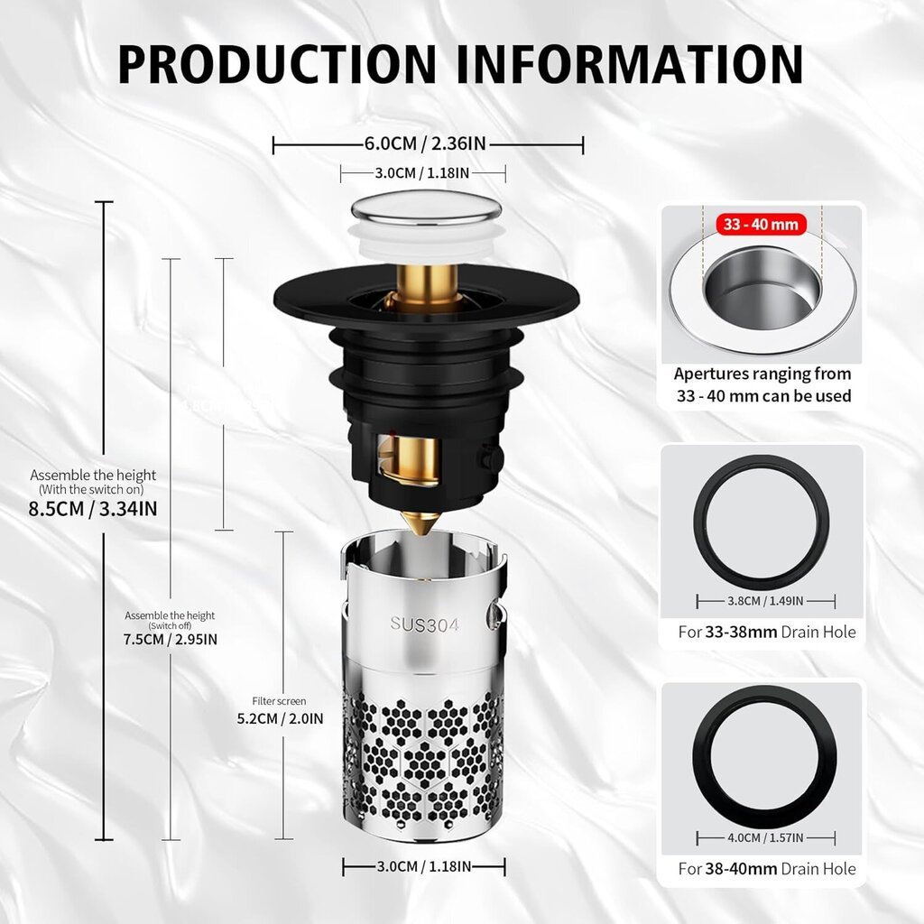 kpl ruostumattomasta teräksestä valmistettu pesualtaan tulppa, yleiskäyttöinen avautuva tyhjennystulppa, päivitetty tyhjennystulppa, estynyt tyhjennyssuodatin, verkkosuodattimella, kylpyammeeseen, keittiöön, pesuallas (33-40 mm) - musta. hinta ja tiedot | Kylpyhuoneen sisustus | hobbyhall.fi