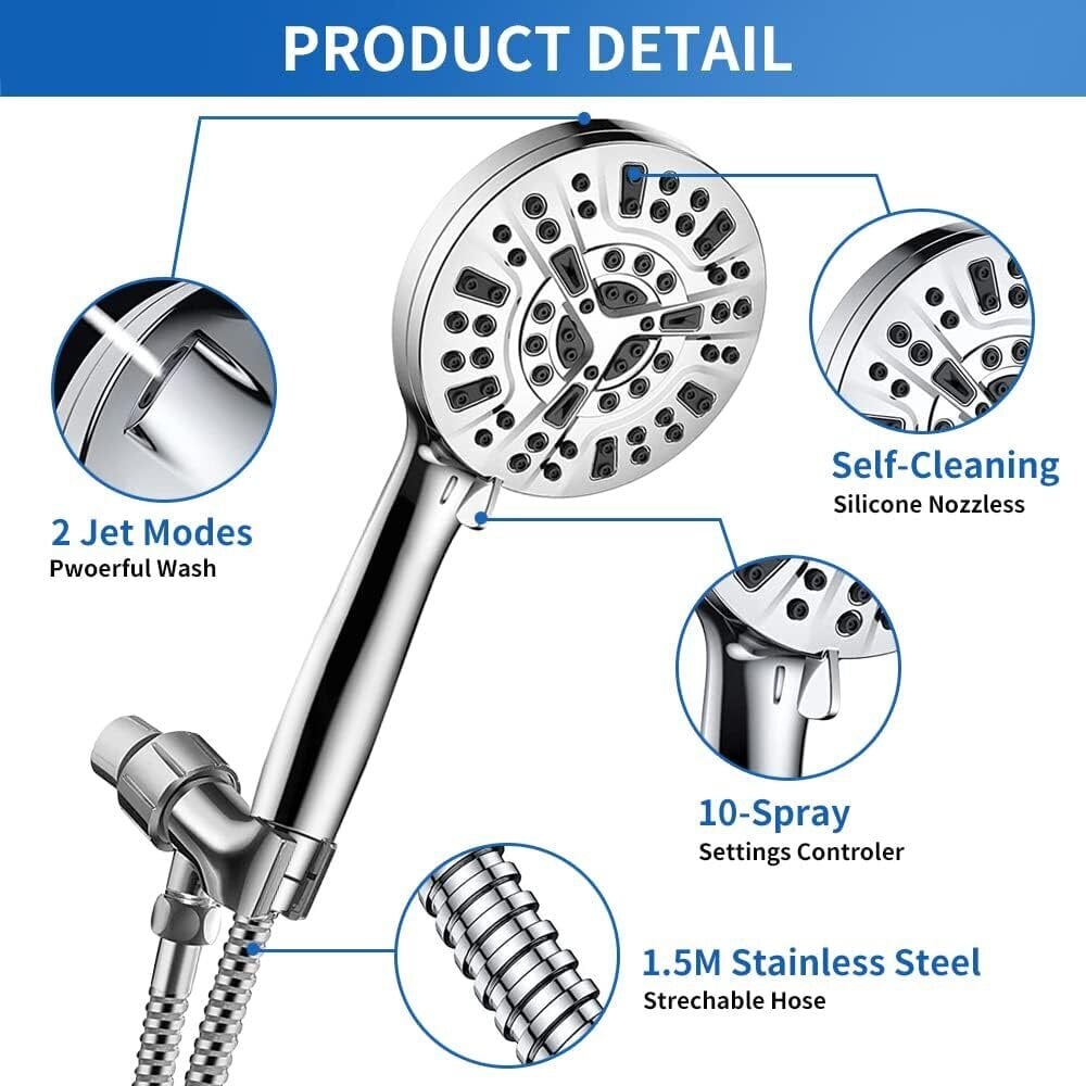 Suihkupää, 10 tilaa korkeapaineinen vettä säästävä suihkupää, kylpyhuoneen suihkukäsisuihku, 1,5 metrin yleisruostumattomasta teräksestä valmistettu letku ja kaksi painepesutilaa hinta ja tiedot | Kylpyhuoneen sisustus | hobbyhall.fi