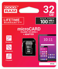 Muistikortti Goodram microSD 32Gb (luokka 10) + SD-sovitin hinta ja tiedot | Puhelimen muistikortit | hobbyhall.fi