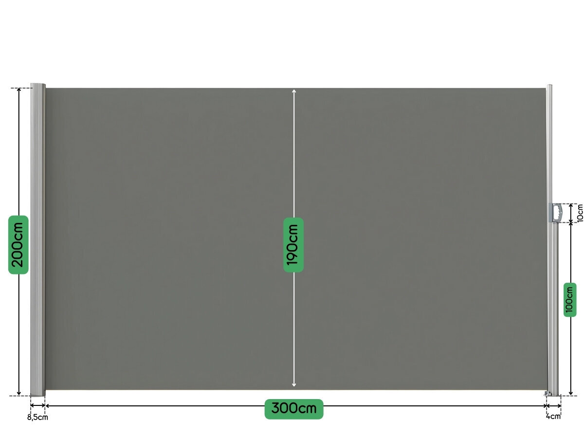 Automaattisesti kelautuva sivumarkiisi, harmaa, 300x200 cm hinta ja tiedot | Aurinkovarjot ja markiisit | hobbyhall.fi