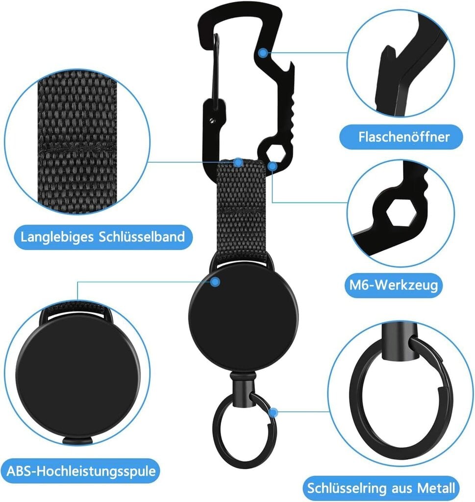 Monitoiminen sisäänvedettävä avainrengas, 6 kpl tukeva avaimenperä karabiinilla useille työkaluille, rintanappi, kaulanauha ja rintanappikela, pullonavaaja hinta ja tiedot | Vuorikiipeilyvarusteet | hobbyhall.fi