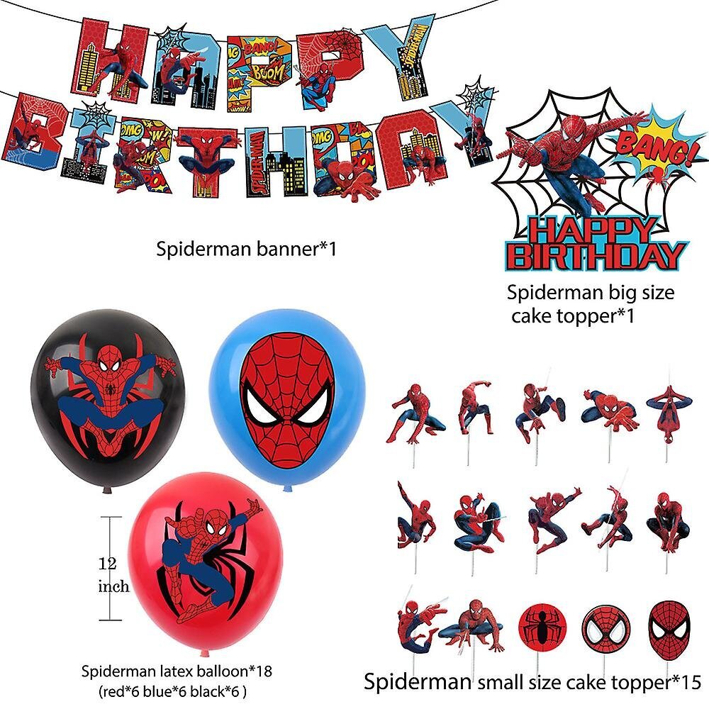 Spidermanin syntymäpäiväjuhlakoristeet sisältävät Happy Birthday -bannerin kakkupäälliset Supersankariteemaiset juhlakoristeet lapsille pojille tytöille hinta ja tiedot | Ilmapallot | hobbyhall.fi