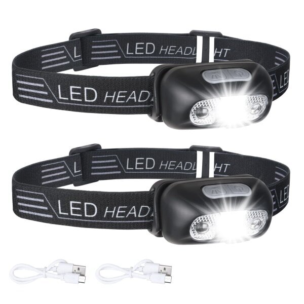 2 Pack USB ladattava otsalamppu, IPX6 vedenpitävä, ultrakevyt Super Bright 160 lumenin LED-otsolamppu liiketunnistimella ja punaisella valolla hinta ja tiedot | Retkilamput | hobbyhall.fi