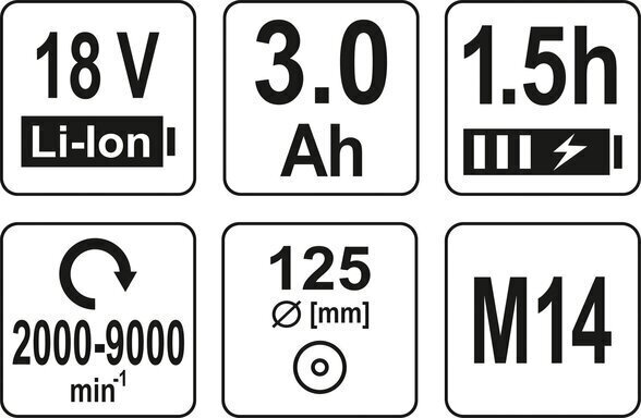 Kulmahiomakone johdoton (ilman harjoja) 18V 3 Ah Li-Ion, d-125mm Yato (YT-82829). hinta ja tiedot | Hiomakoneet | hobbyhall.fi