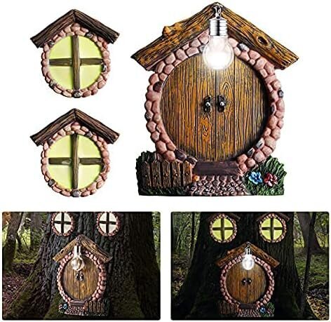 Miniatyyri Fairy Gnome -kodin ikkuna ja ovi lampulla pimeässä hehkuville puille, ovelle ja ikkunoille, pihapuutarhan veistoskoriste hinta ja tiedot | Joulukoristeet | hobbyhall.fi